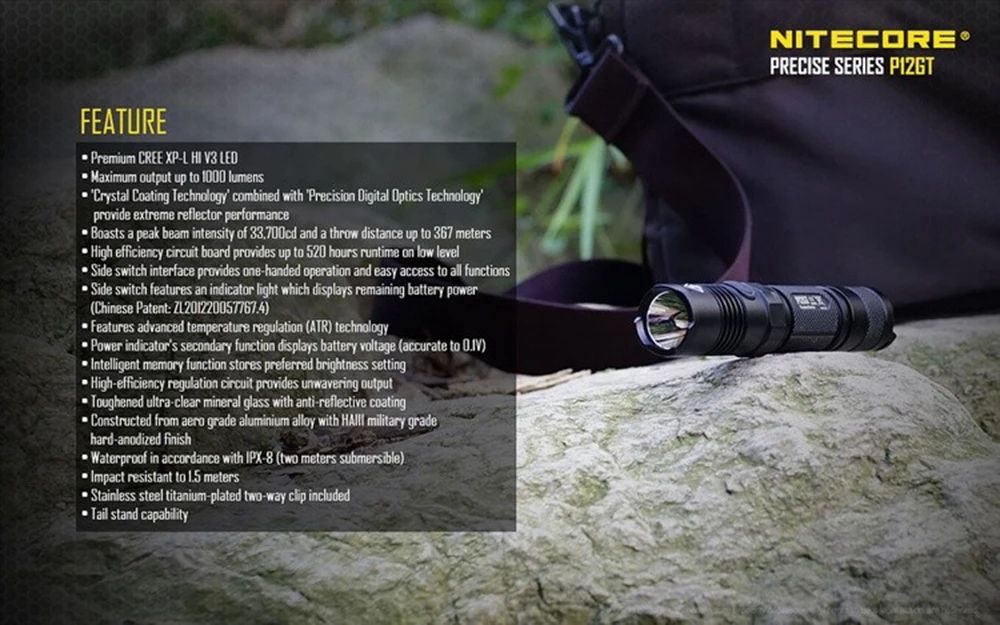 Nitecore p12gt 1000 люмен CREE светодиодный 350 метров в длину бросить тактический фонарик с um10 зарядное устройство и 18650 2600 мАч батареи