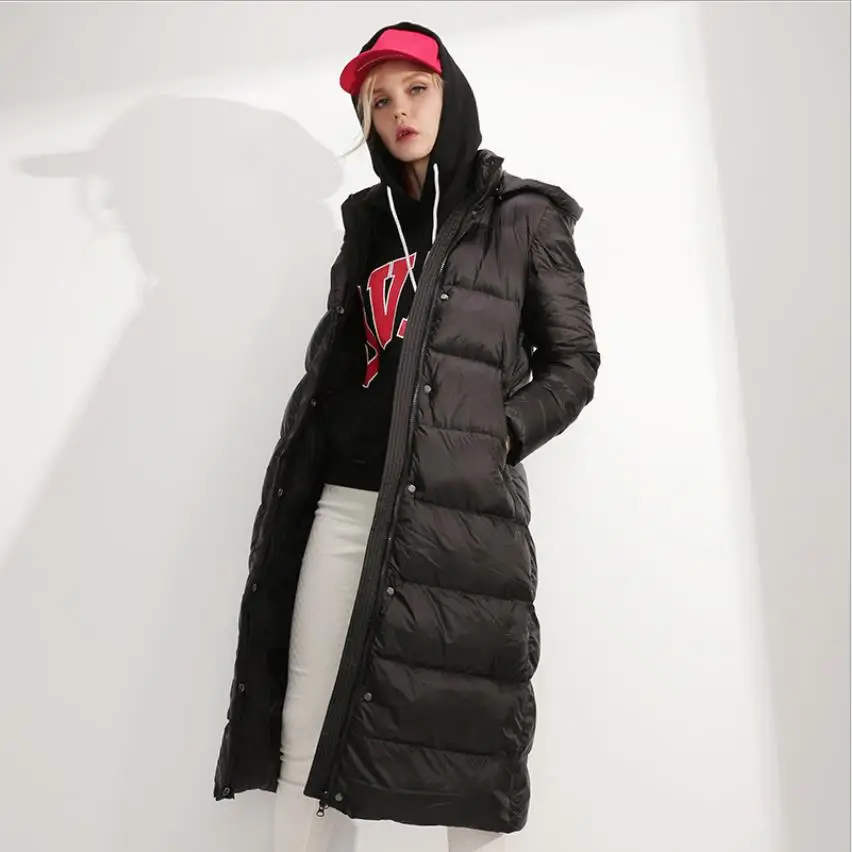 Зимнее модное Брендовое длинное плотное пуховое пальто выше колена женское