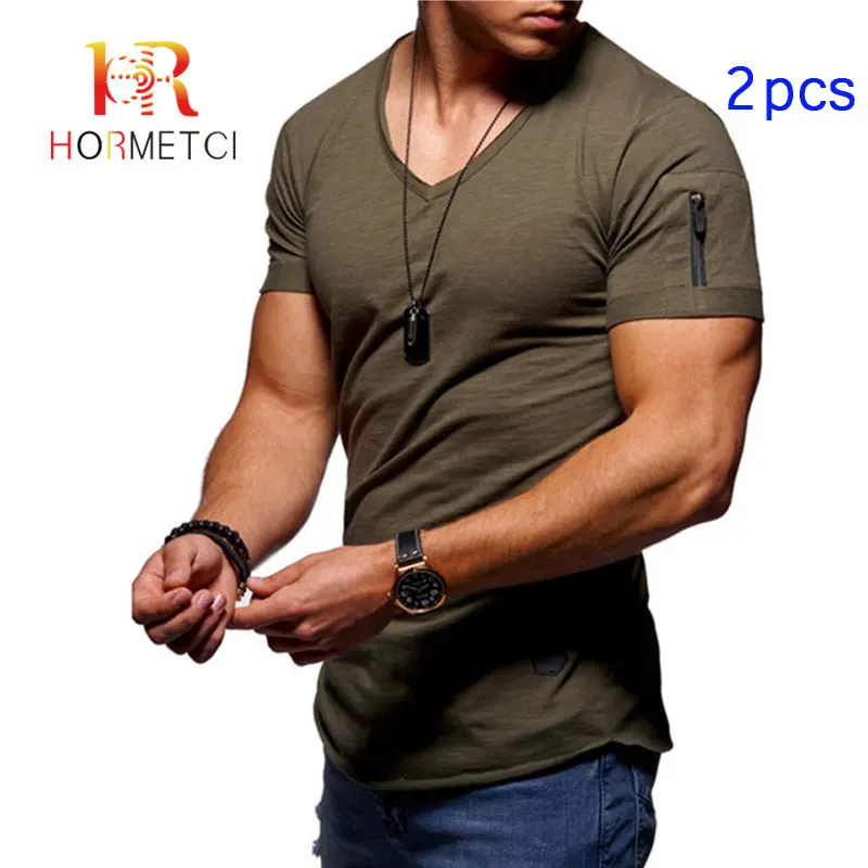 

Мужские футболки с v-образным вырезом HORMETCI, приталенная Повседневная хлопковая футболка с коротким рукавом, новинка 2019