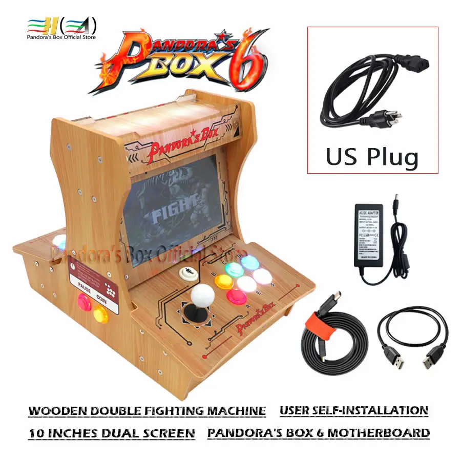 pb6 arcade US plug Ящик Pandora 6 деревянный двойной Боевая машина 10 дюйм(ов) двойной экран пользователь самоустановка DIY Мини бартоп аркадная машина - Цвет: pb6 arcade US plug
