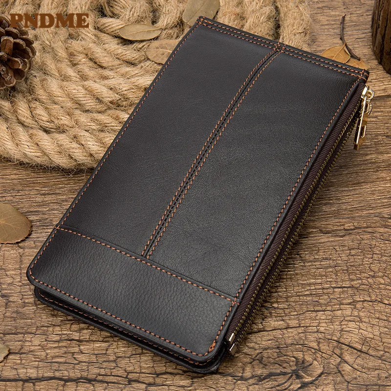 

PNDME vintage genuine leather men's wallet casual simple high quality cowhide designer luxury long purse clutch zipper money bag