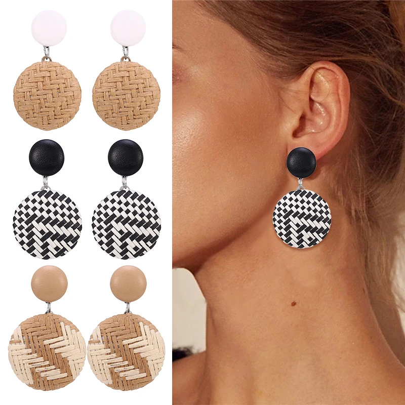 

HOCOLE Vintage Rattan Weave Braided Drop Earring For Women Round Square Hollow Drop Female 2019 dangle drop fashion handmade
