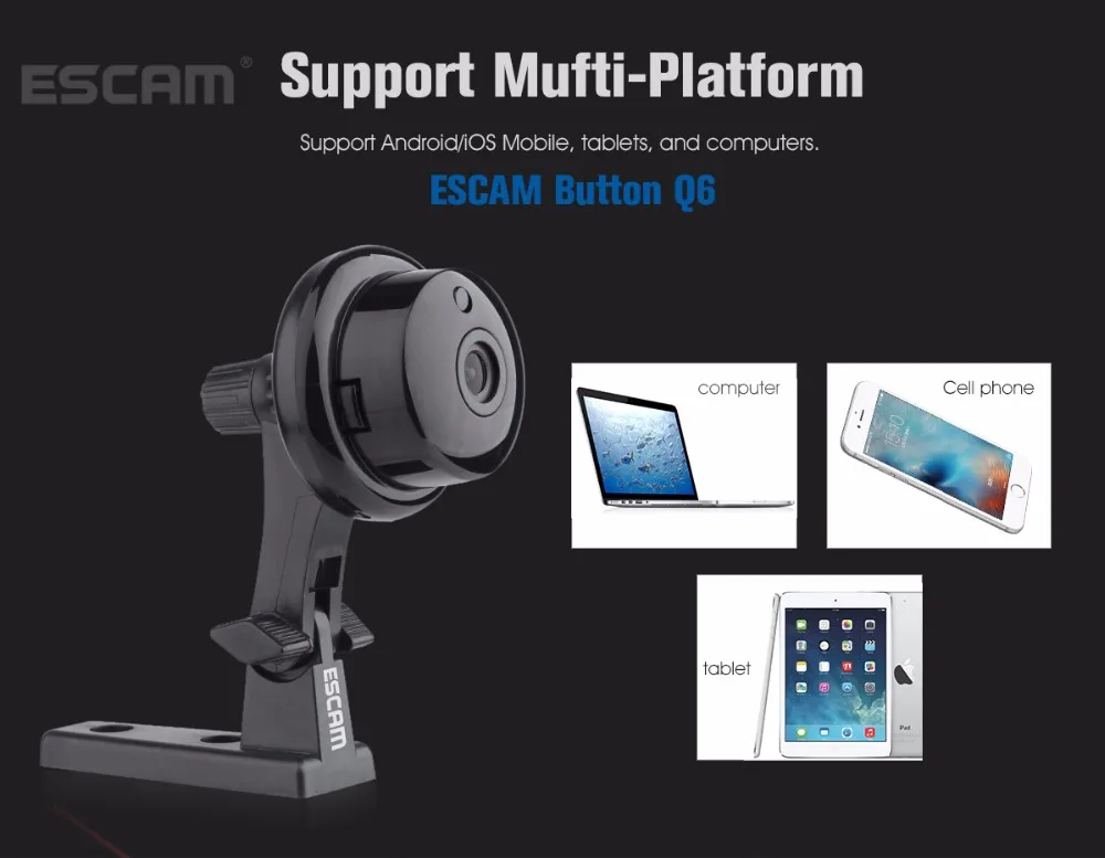 ESCAM Q6 1.0MP Кнопка мини-камера Поддержка Wi-Fi, Двусторонняя голосовая Встроенная TF карта слот, ночное видение домашней безопасности ip-камера