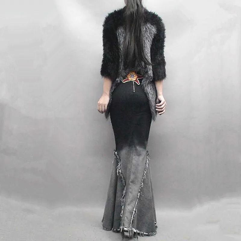 Бесплатная доставка 2018 новый черный длинное Длина деним Винтаж юбки для женщин