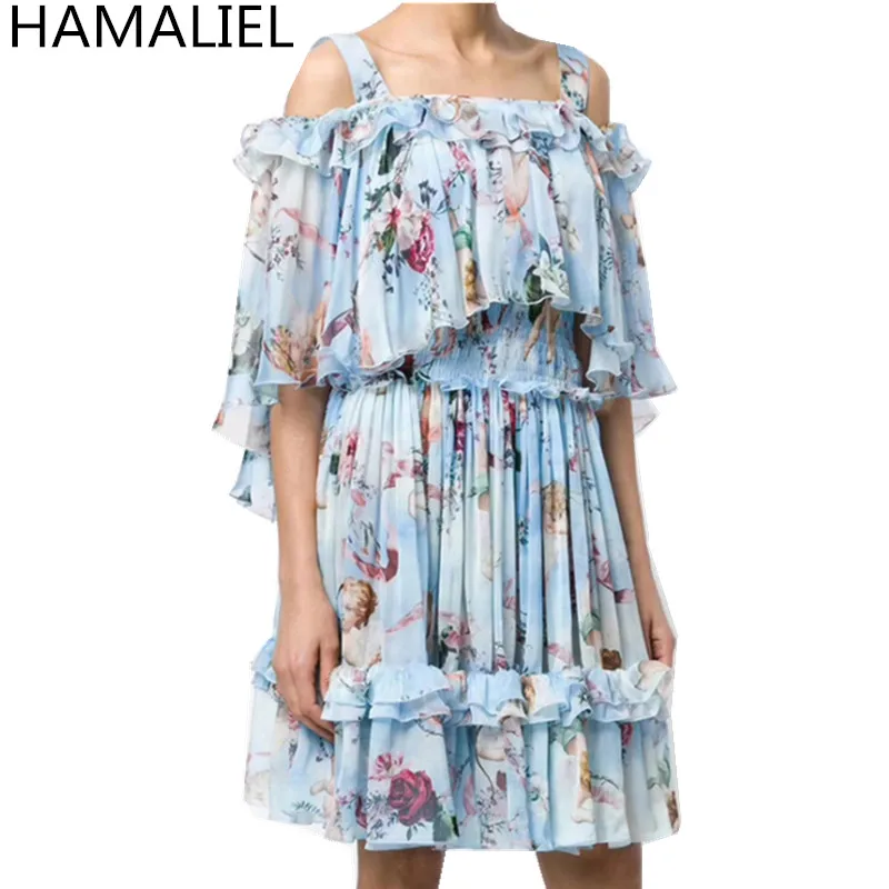 HAMALIEL Runway Cloak Ruffles Party Dress 2018 Summer Designer Blue Chiffon Printing Flowers Spaghetti Strap Cape Backless | Женская