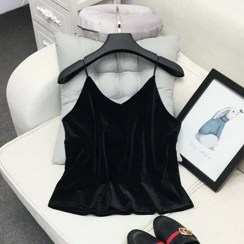 Черный ALPHALMODA, осенне-зимний короткий однотонный бархатный топ на бретельках с v-образным вырезом, короткая бархатная рубашка на подтяжках - Цвет: Черный