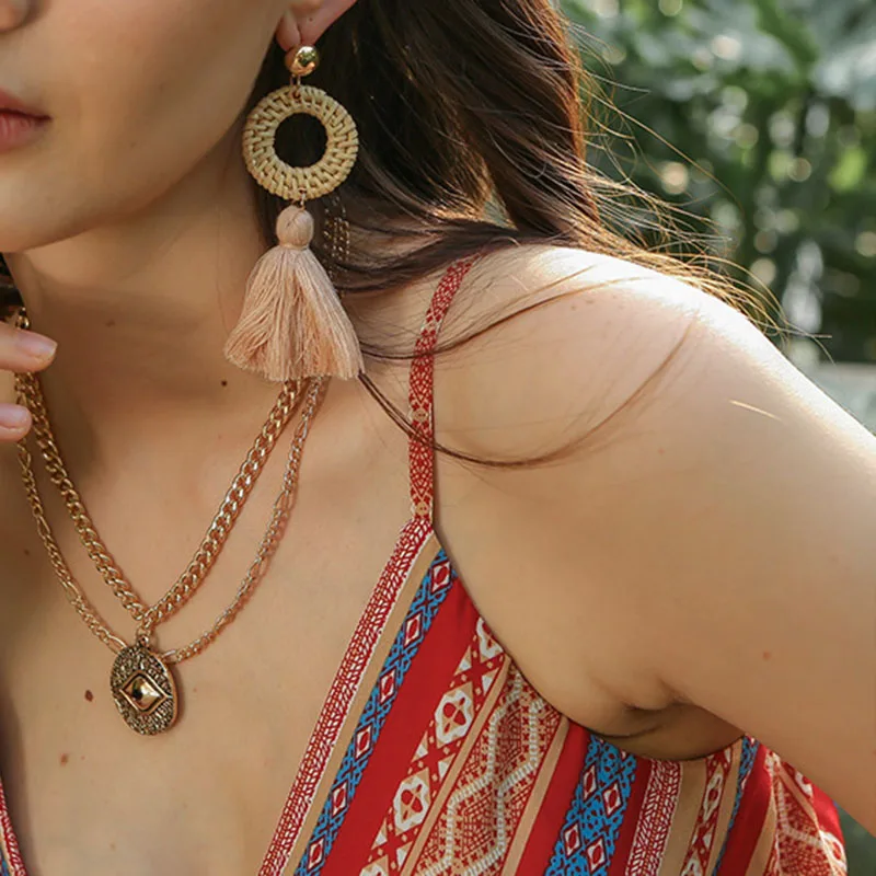 Модные желтые сережки с кисточками Boho круглые треугольные дизайнерские шикарные