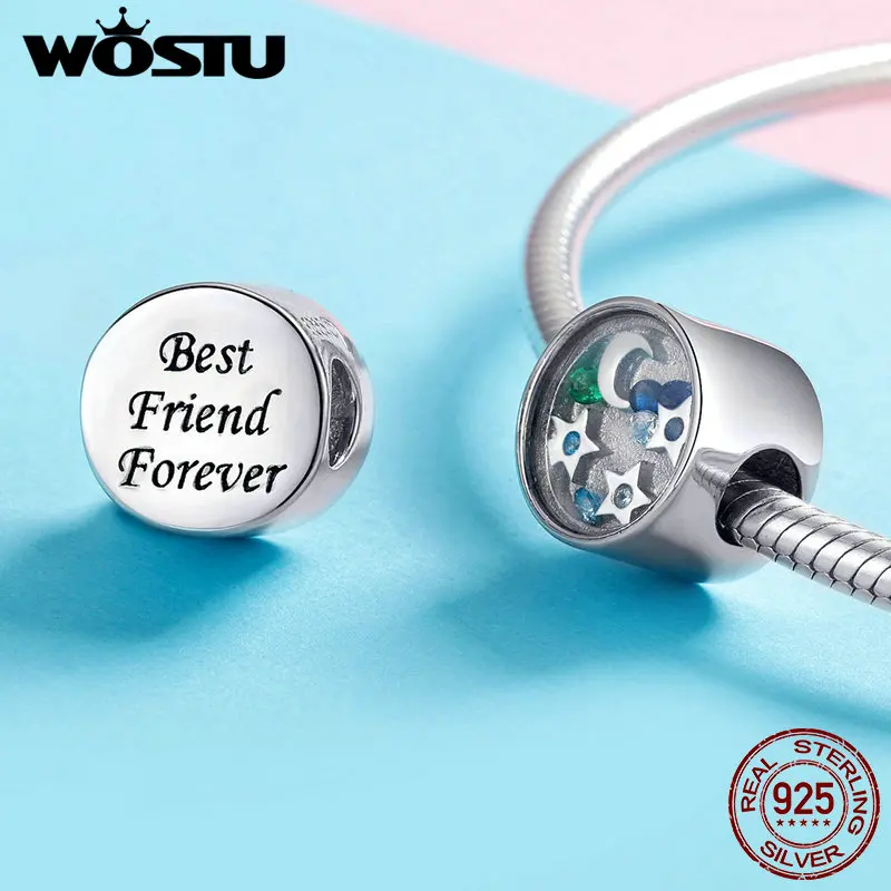 WOSTU Настоящее серебро 925 пробы бусы Шарм с Луной и звездой подходит DIY браслет