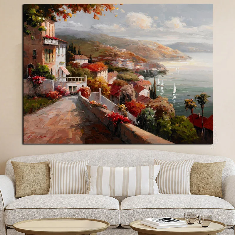

Print Abstract Pastoral Poster Boat Architectural Landscape Oil Painting on Canvas Modern Art Wall Picture for Living Room Decor
