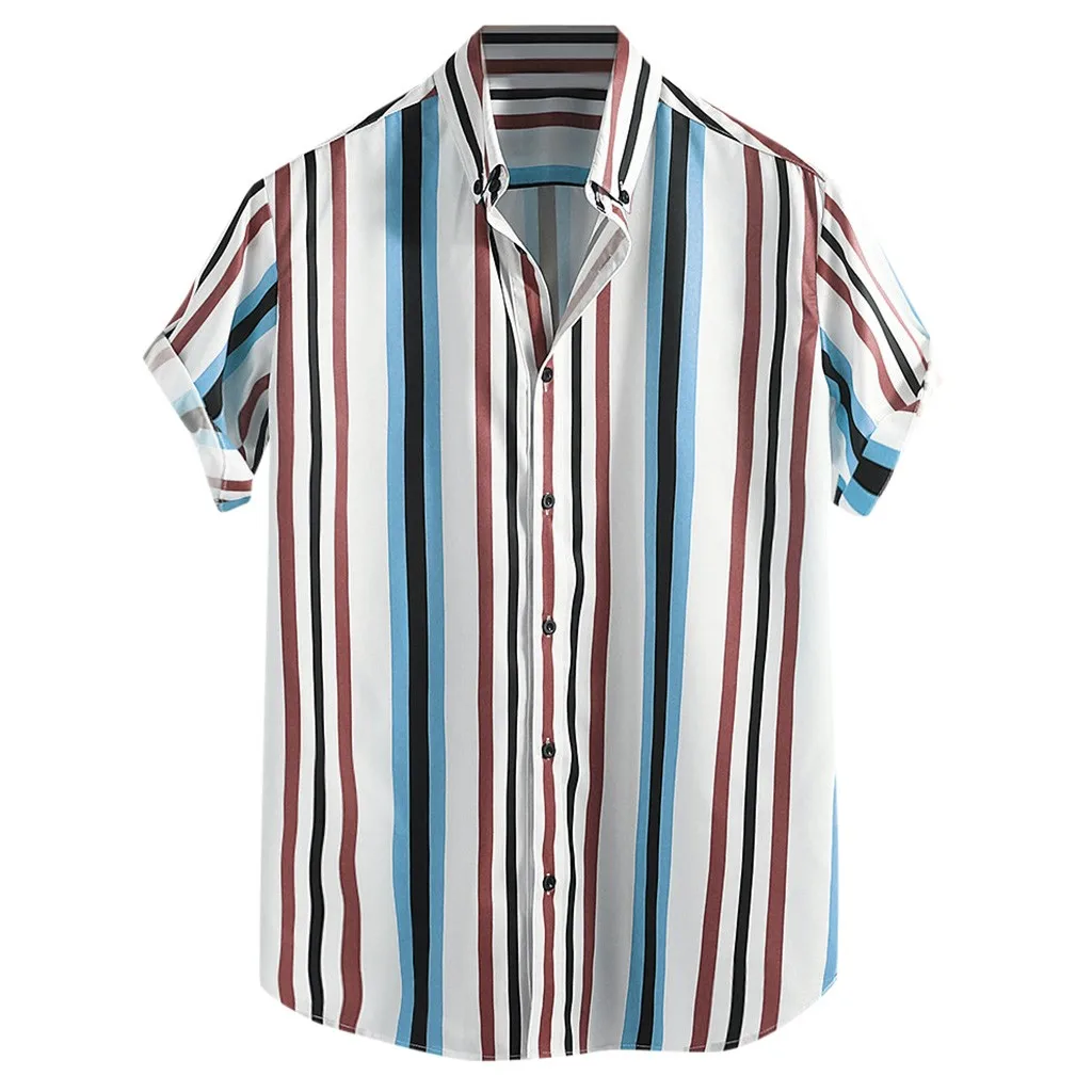 Blue Mens tops Breathable Striped shirts Turn Down Collar Short Sleeve Loose Casual summer fashion Shirts new arrivals#G8 - Color: Blue