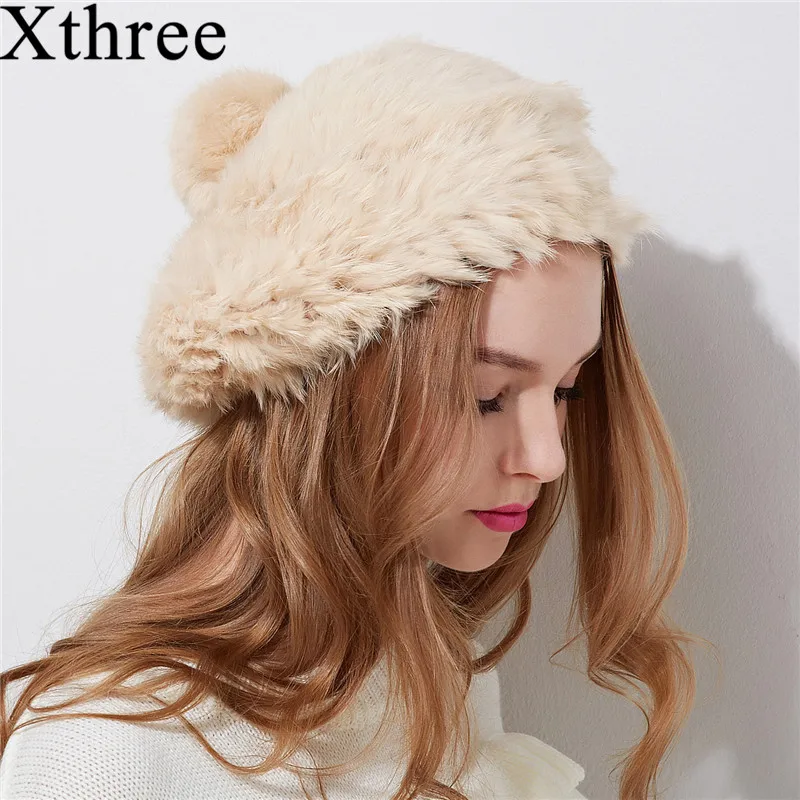 Xthree Модный зимний женский берет из кроличьего меха шапка для девочки теплые