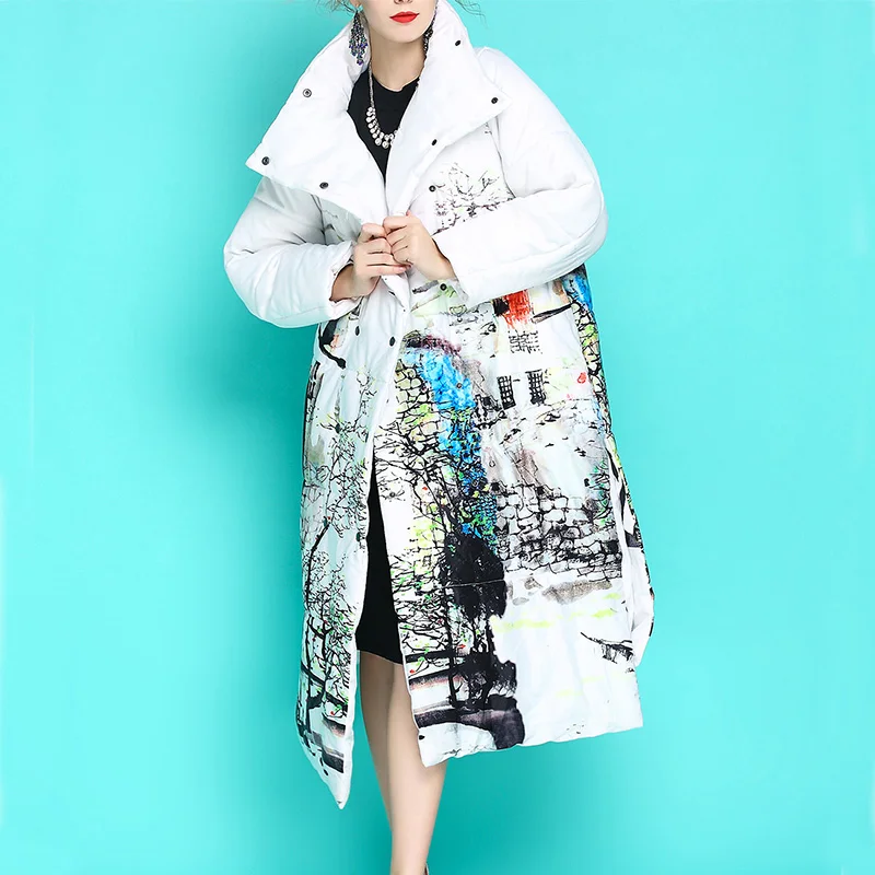 Brand New Luxurious Women's Winter Down Jackets White Vertical Collar Ink Printing Cotton Down Thickened Loose Large Size Parkas enlarge