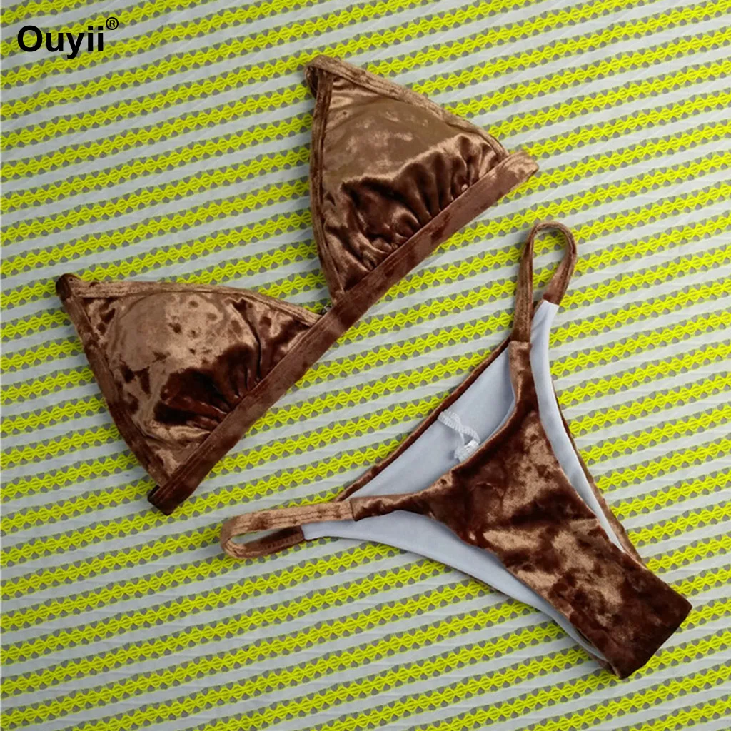2019 New Bikini Set Suede Reflective Super Soft Triangle Split Low Waist Backless Sexy Fashion Ladies Swimwear |