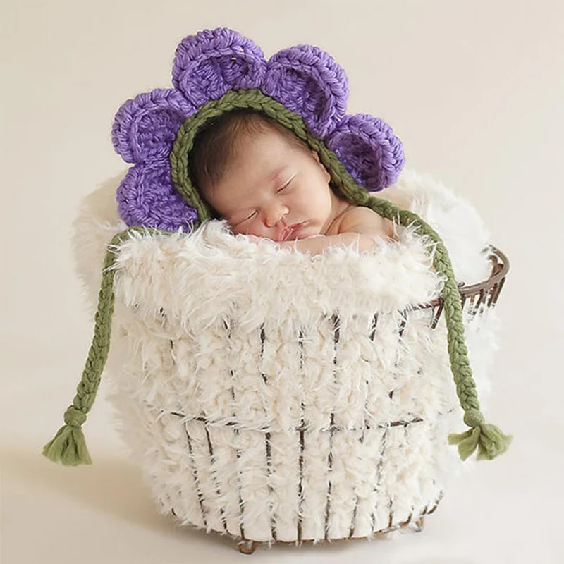 Newborn baby photography prop sunflower crochet hat infant photo accessories toddler boy girl sun flower cap Christmas gift | Детская