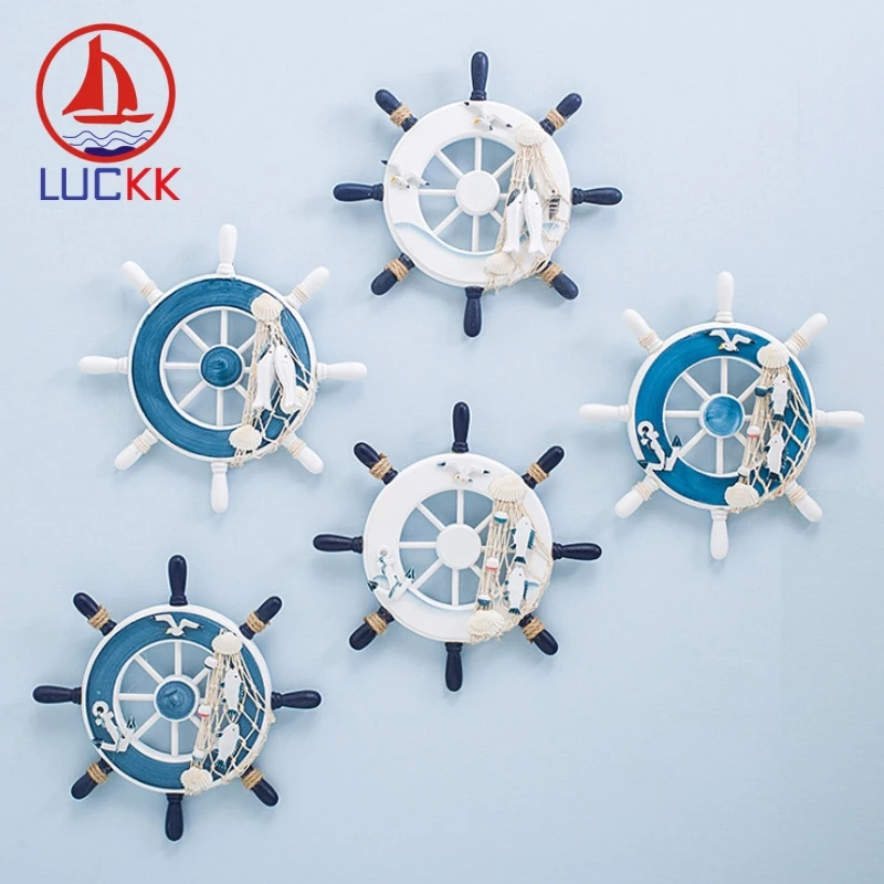 

LUCKK 23CM Mediterranean Wooden Ship Rudder Wall Hanging Creative Nautical Home Decor Shell Anchor Crafts Kids Gifts Souvenirs