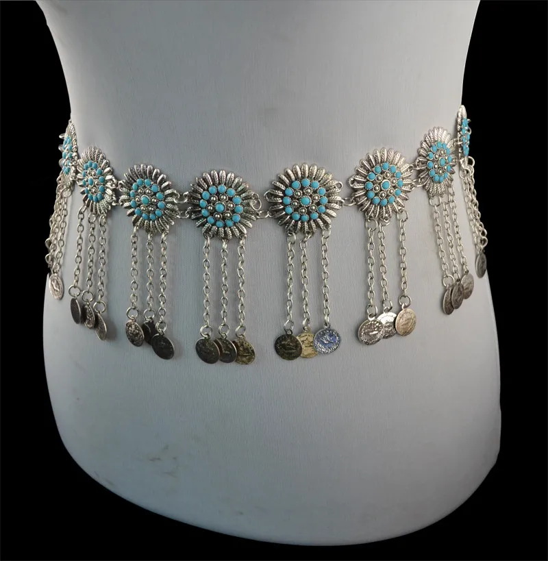 

Turkish Vintage Charming Jewelry Set Gypsy Dancer Waist Chain Round Flower Coins Tassel Drop Earrings Women Retro Jewelry