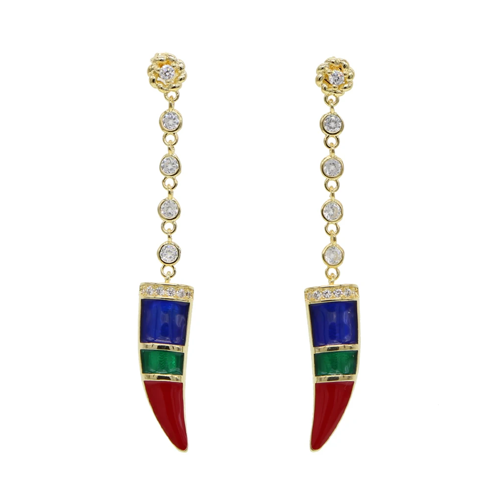 Красочные эмалевые маленькие серьги с фианитами длинные висячие золотым