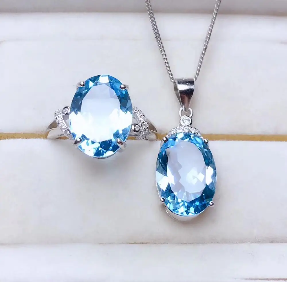 

big size blue gem ring topaz gemstone ring and necklace silver necklace ocean blue color natural gem one set girl birthday gift