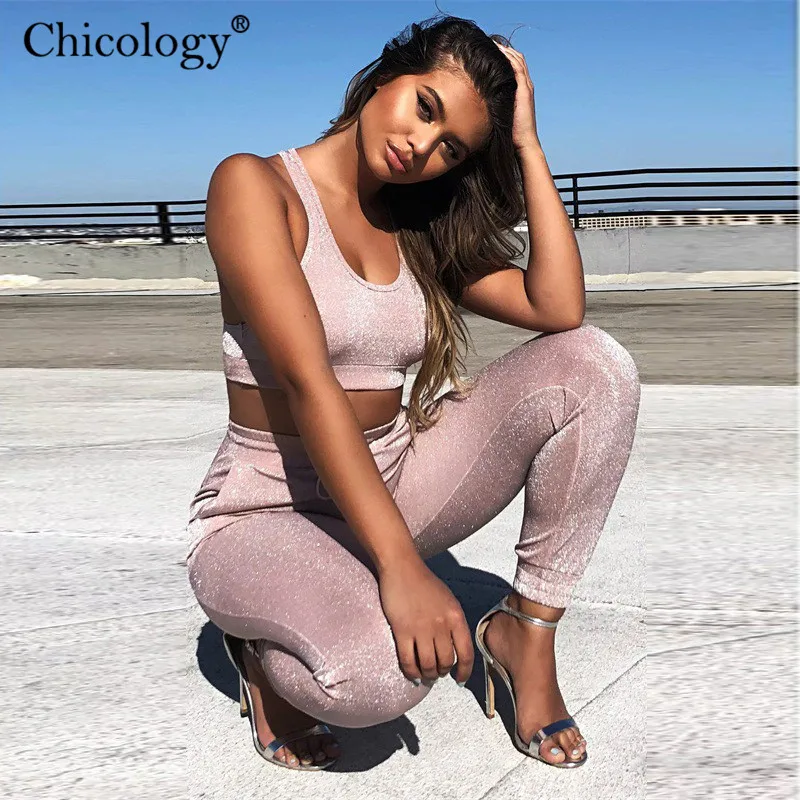 Chicology/Розовый Блестящий укороченный топ на бретелях длинные штаны комплект из 2