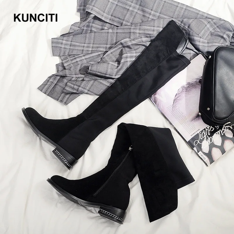 KUNCITI/; Черные Сапоги выше колена; короткая плюшевая женская зимняя обувь из натуральной кожи; модные эластичные тканевые ботиночки с цепочкой; B02