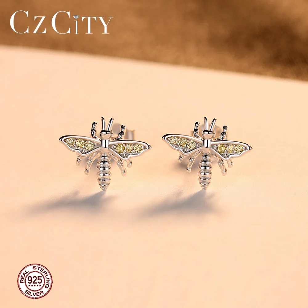 CZCITY 100% 925 стерлингового серебра гвоздики Пчелка серьги для женщин с милыми