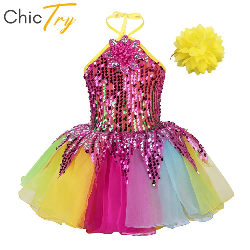 

ChicTry Children Girls Sequins Flower Applique Colorful Ballet Tutu Dress Kids Halter Stage Performance Jazz Dance Costumes Set