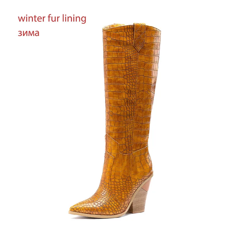 WETKISS Plus Size 46 Knee High Western Boots Women Cowboy Boot Female Pointed Toe Sexy Shoes 11 Colors High Heels Shoes Winter - Цвет: brown thick fur