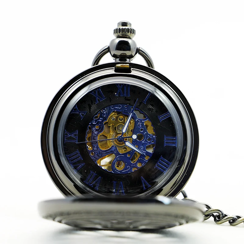 Hollow Round Blue Roman Display Dial Mechanical Pocket Watch Vintage Steampunk Manual Chain Necklace Pendant Accessory Clock