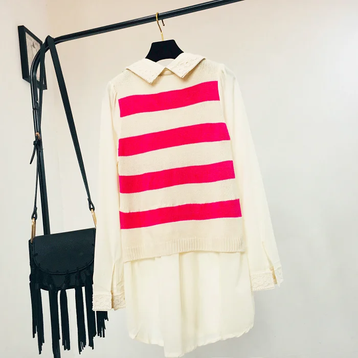 2018 осень и зима новые студенты полосатый свитер шить рубашка корейский длинный