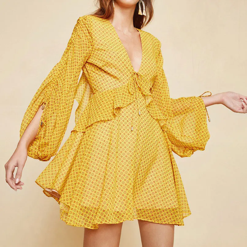 2019 Spring Women Deep V-Neck Long Sleeve Printed Chiffon Dress With Ruffles Ladies Pleated Dresses | Женская одежда