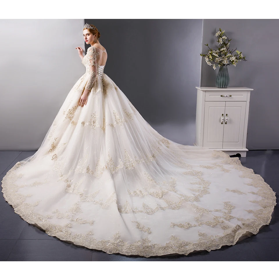 SL 6099 роскошное Золотое кружевное бальное платье с вышивкой и длинными рукавами