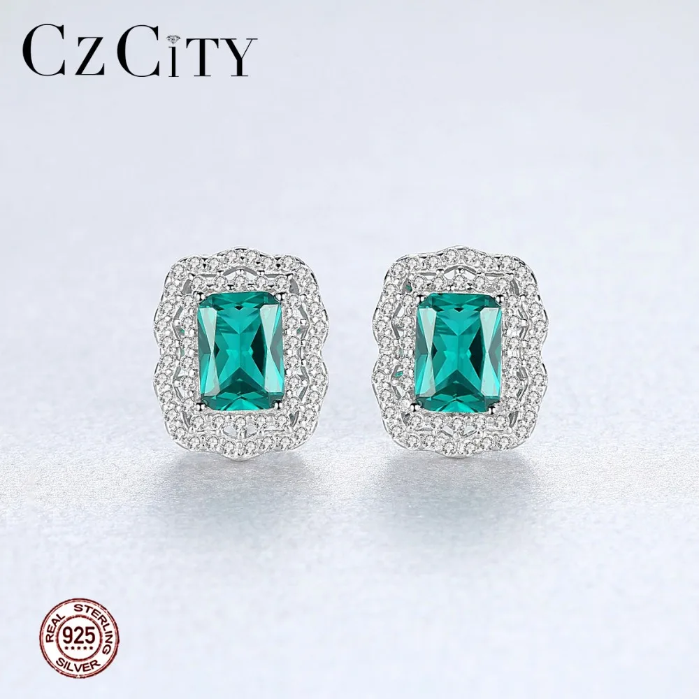 CZCITY Mystic Cutting Luxury Emerald Stud Earring For Women Shining Double Zircon Temperament Wedding Silver 925 Jewelry | Украшения и