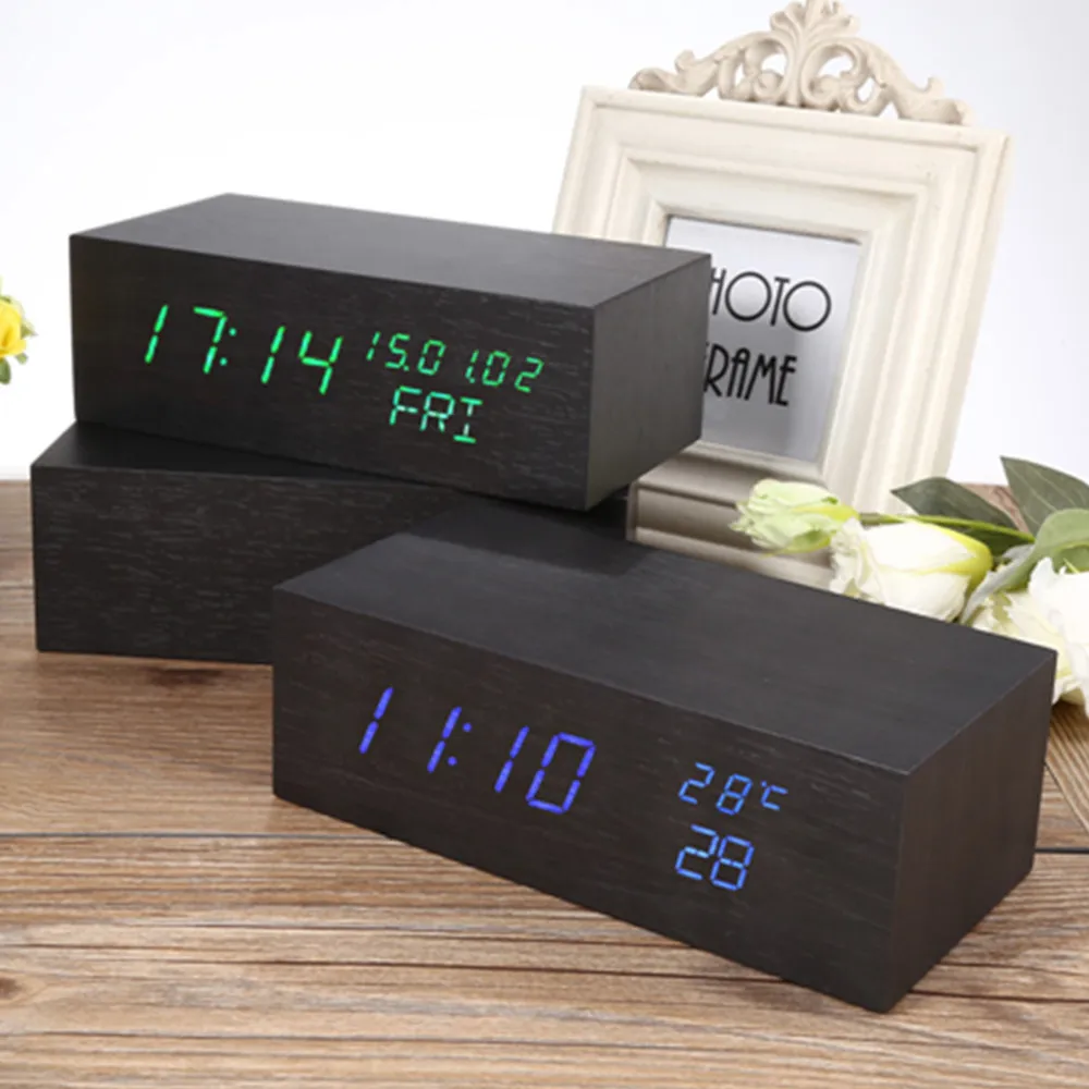 Деревянный светодиодный Будильник с управлением звуком в старинном стиле