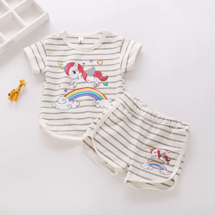 OKLADY Girl Summer Clothes Cotton Sportswear Unicorn Cartoon Print Short Sleeve Two-piece Boys Girls Kid | Детская одежда и обувь