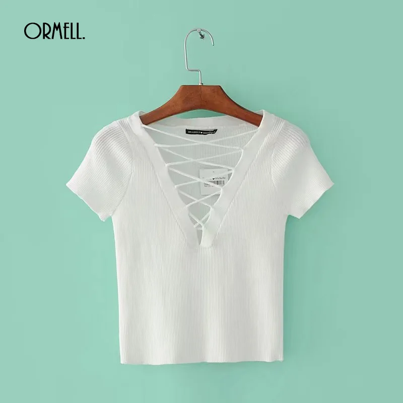 ORMELL Fashion Short Women Deep V Neck T-shirts Summer Hollow Out Bandage Ladies Tops 3 Colors Solid Female Casual Sweater Tees | Женская