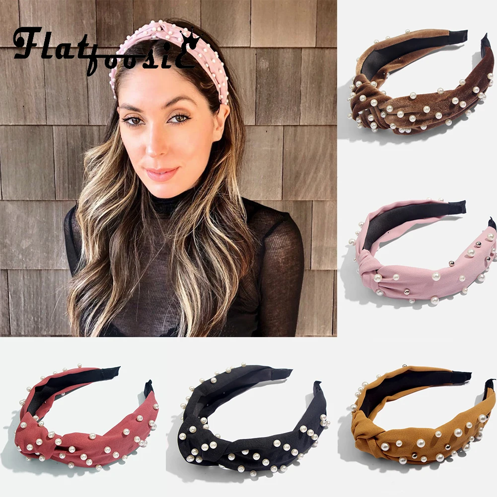 Bohemian Solid Color Soft Velvet Center Knot Wide Pearl Hairband Ladies multiple color Knotted Hairband Hair Accessories
