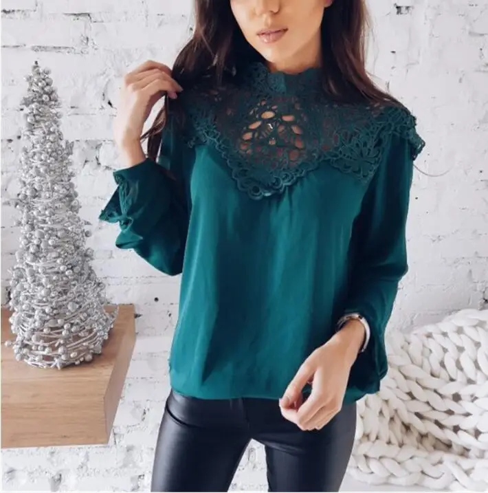 

Spring 2019 New Lady Hollow Out Flower Blouse Solid Lace Stitching Top O-Neck Long Sleeve shirts Elegant women blouses blusas