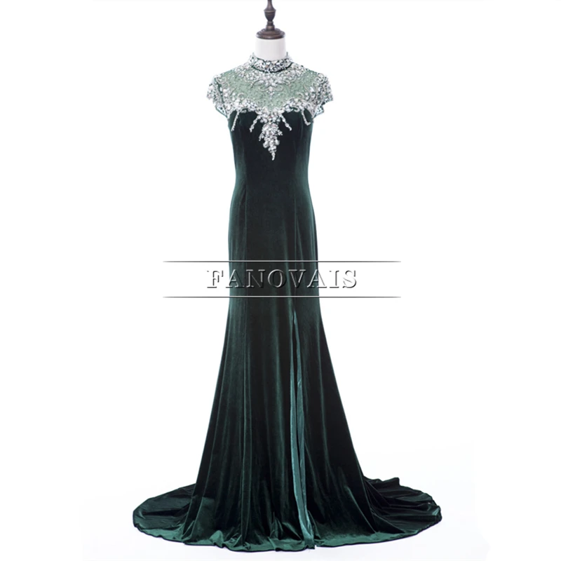 Настоящее изображение 2019 бархатное вечернее платье с высоким воротом в Дубае