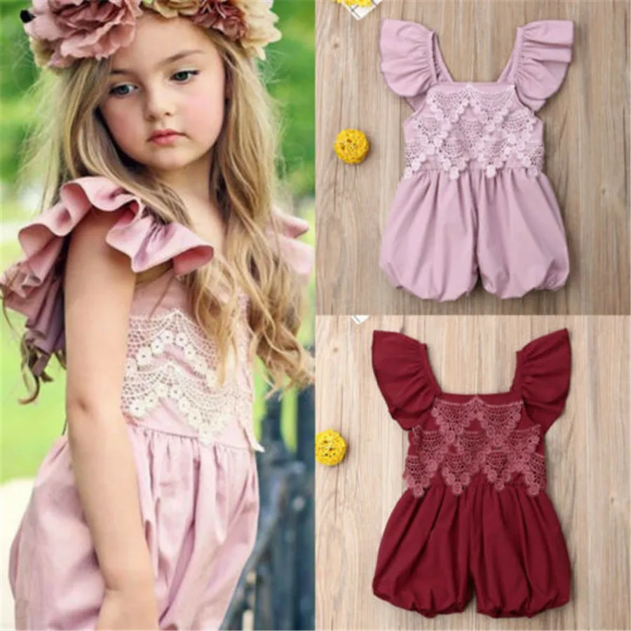 Летняя хлопковая одежда для маленьких девочек кружевной комбинезон с рукавами