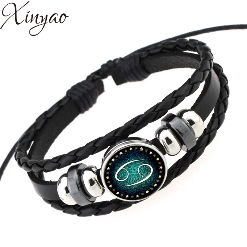 Черный плетеный кожаный браслет со знаками зодиака для мужчин и женщин с
