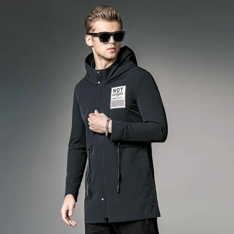 2019 осень весна мужская Длинная ветровка с капюшоном на молнии повседневная