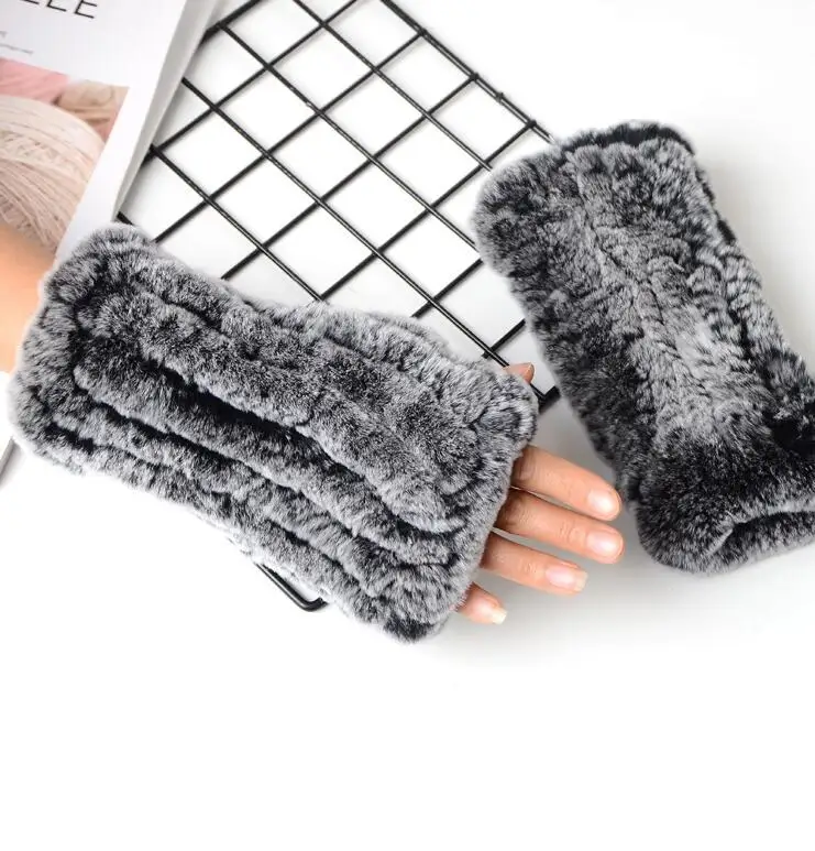 

Women's fashion natural rabbit fur leather knitted glove lady's winter thicken warm luxurious fingerless fur glove R585