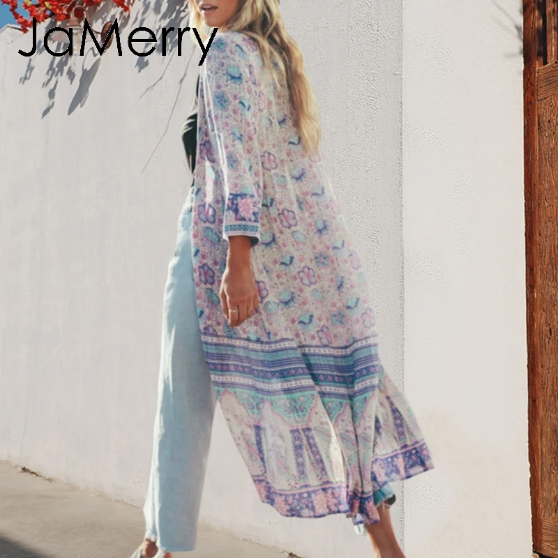 JaMerry Boho Цветочный Принт сокрытия для женщин на лето и весну фиолетовый длинные