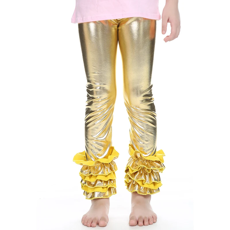 Леггинсы в горошек с оборками для девочек черные золотые блестящие штаны