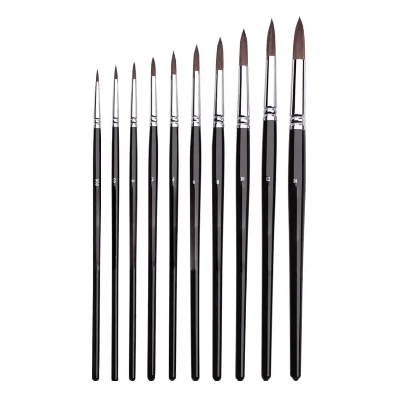 

10 Models Squirrel Hair Black Rod Candle Light Type Watercolor Brush Brush Round Head Gouache Oil Painting Acrylic Pen
