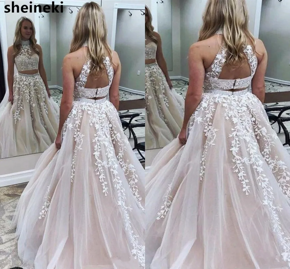 

2019 High Neck Two Pieces A Line Prom Dresses Beading Open Back Appliques Lace Tulle Evening Gowns Formal Party Wear Custom Made