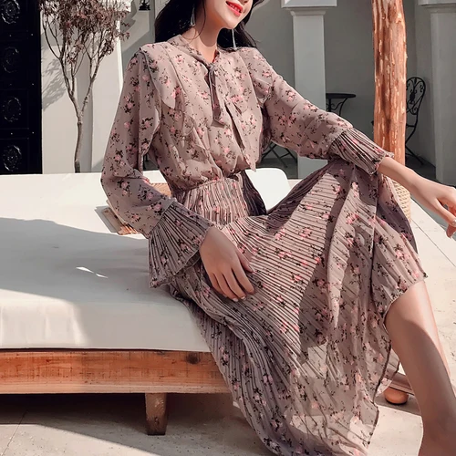 Fashion Chiffon Floral Long Sleeve Maxi Dress elastic Waist Beach Lace Spring Charming Flarre New Robe | Женская одежда