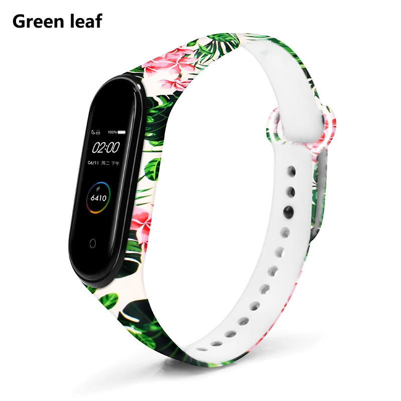 Green Leaf BOORUI Mi band 4 ремешок для xiaomi mi band 4 аксессуары pulsera inteligente силиконовый пояс с цветами Замена для m4 band - Цвет: Green Leaf