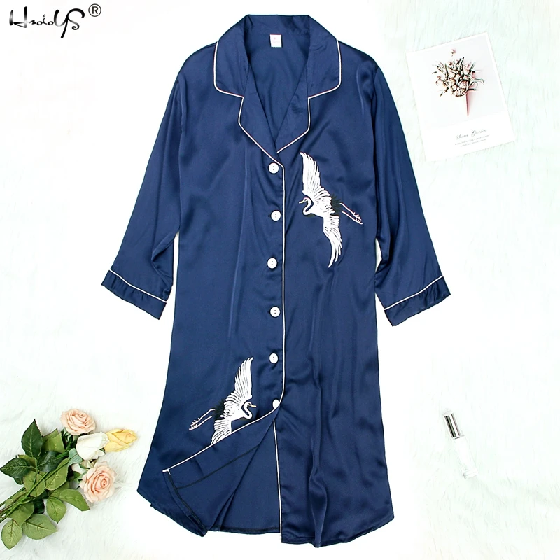 Navy Blue Ночная рубашка журавль печать шелк элегантные халаты женские атласные короткий рукав кимоно халат невесты халат пижамы - Цвет: Navy Blue