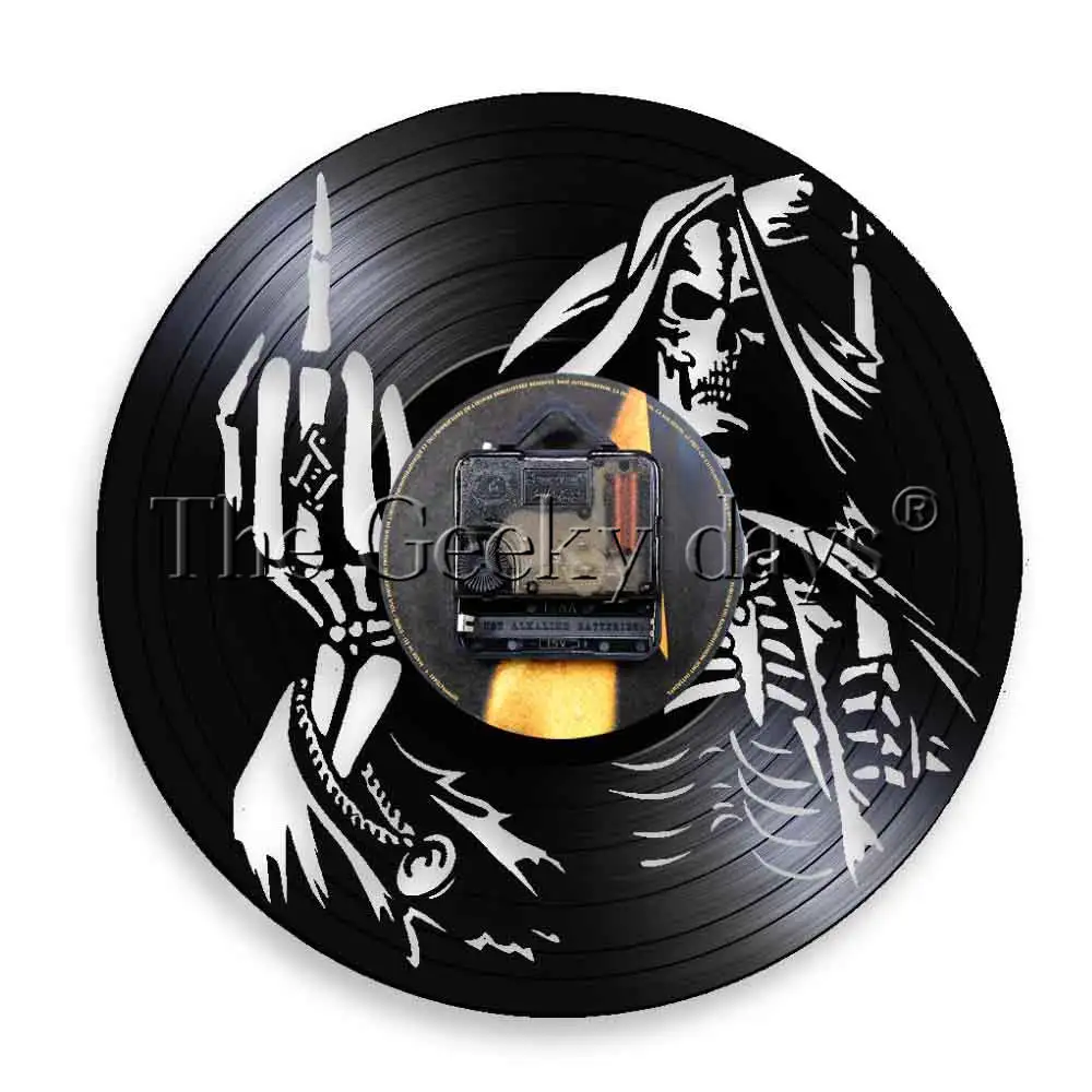 Скелет средний палец настенные часы панк череп виниловая запись домашний декор